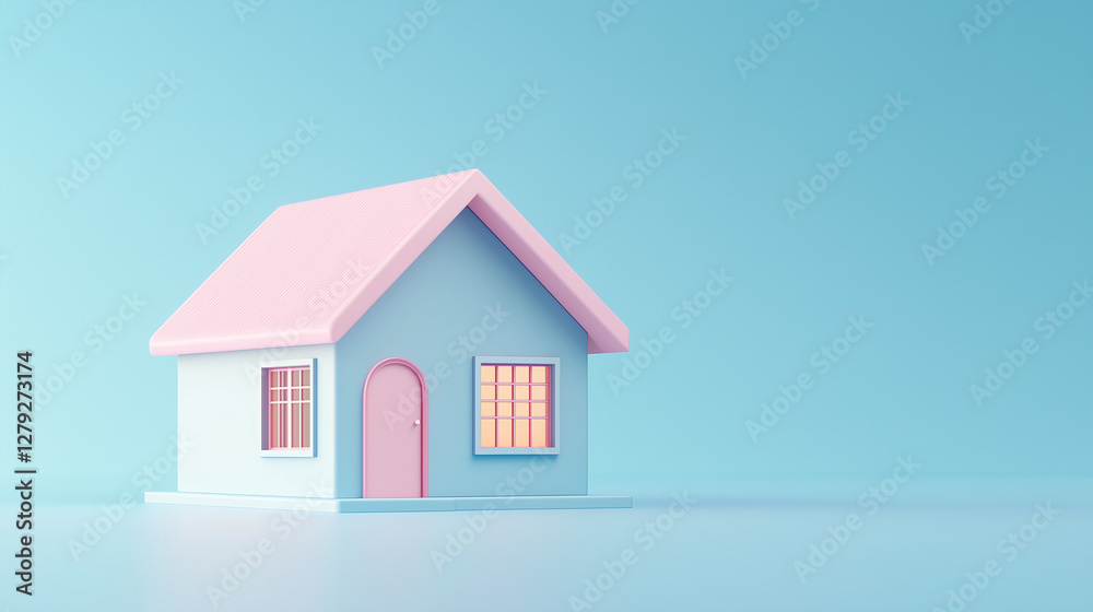 A minimalist 3D pastel house with a pink roof and blue walls, set against a light blue gradient with warm daylight. A minimalist 3D pastel house with a pink roof and blue walls, set against a light blue gradient with warm daylight.