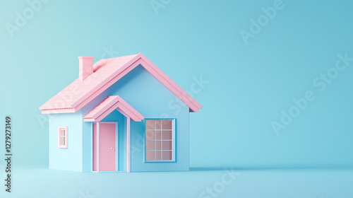 A minimalist 3D pastel house with a pink roof and blue walls, set against a light blue gradient with warm daylight. 