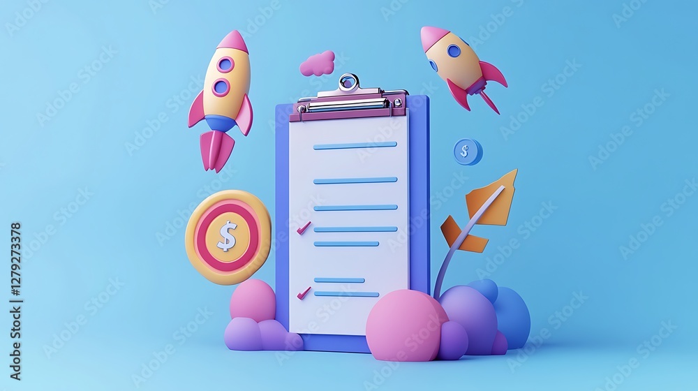 3D Financial Planning and Growth Concept, 3D illustration of a clipboard with check marks