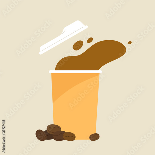 Coffee cup with opened lid with coffee beans. Concept of morning energy, coffee lover, waking up, booster, caffeine. Beverage clip art. Flat vector illustration.