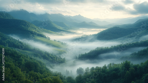 Soft morning fog rolling over a tranquil valley under pale sunlight photo