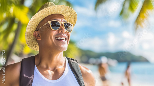 Smiling asian male adult enjoying sunny beach vacation with hat and sunglasses