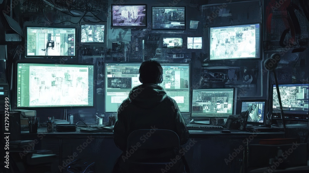 Hacker monitoring multiple screens in a dark room. Hacker monitoring multiple screens in a dark room.