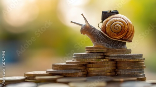 Snail carrying a briefcase slowly climbs a stack of coins.