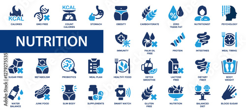Nutrition flat icons set. Calories, fruits, metabolism, stomach, vegetables, healthy, icons and more signs. Flat icon collection.
