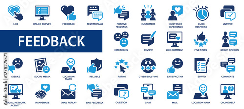 Feedback flat icons set. Social media, testimonials, rating, quick response, opinion icons and more signs. Flat icon collection.