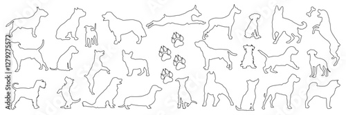 Silhouettes of dogs in one line. Pets in different playful poses. Outlines of dogs of different breeds