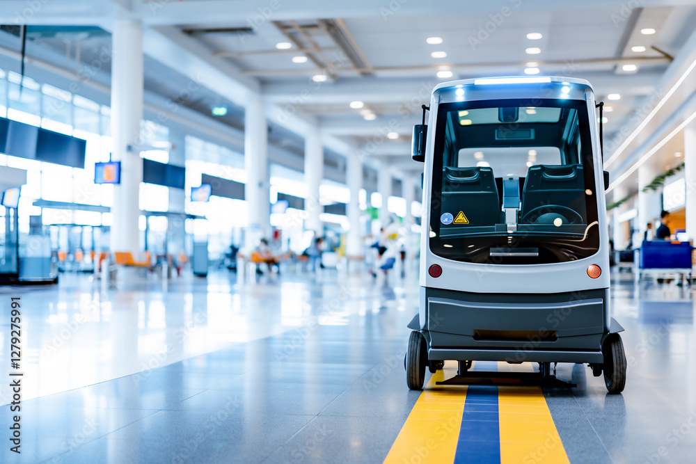 Obraz premium A sleek, high-tech electric shuttle bus inside a futuristic transit hub, featuring a cutting-edge design, spacious interiors, and advanced transportation technology.
