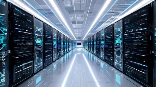 A futuristic data center with glowing server racks and neon blue accents, captured in a 360-degree video shot.