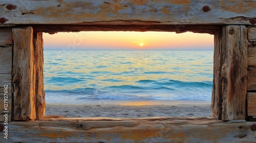 Wooden Frame Enclosing Serene Ocean Sunset View
