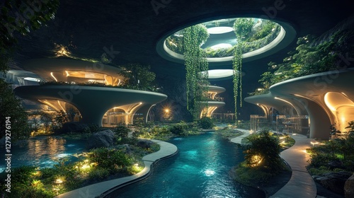 Futuristic underground bioluminescent city with glowing plants and water features.
