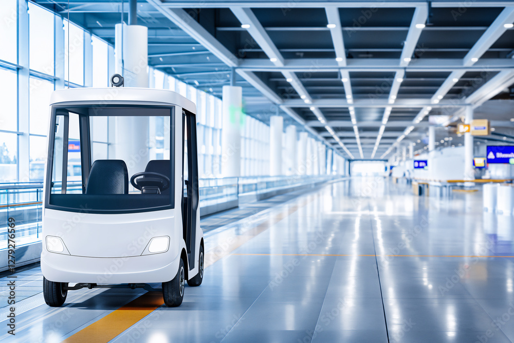 Fototapeta premium A high-tech electric vehicle moving through a bright and spacious airport terminal, reflecting the future of autonomous transport in public spaces with cutting-edge design.