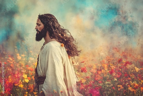 A tranquil Easter depiction of Jesus rising from the dead, rendered in gentle brushstrokes, AI Generation