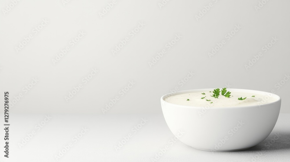 Creamy texture of dip in minimalist bowl garnished with fresh he Creamy texture of dip in minimalist bowl garnished with fresh he