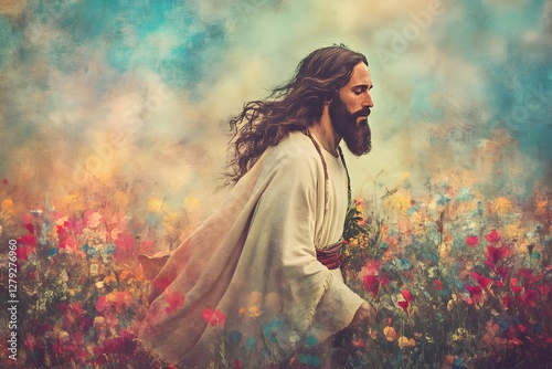 A divine Easter scene with the resurrection of Christ, in a soft, ethereal painterly style, AI Generation