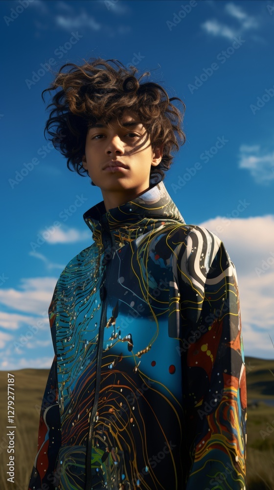 Obraz premium Young hispanic male in artistic jacket standing in scenic landscape with blue skies