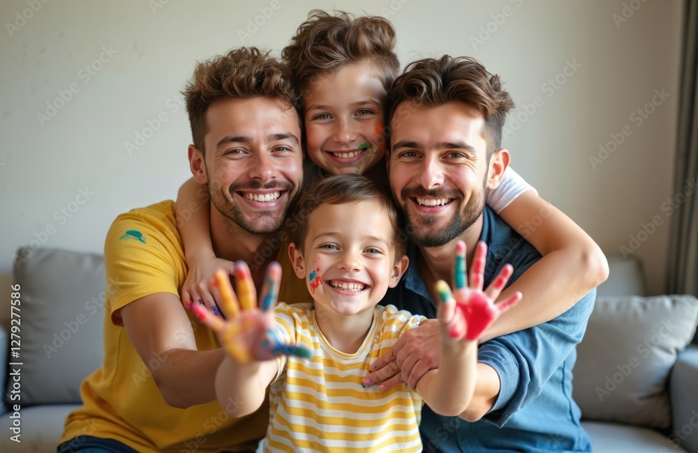 Two cheerful fathers and two kids show painted palms looking at camera. Happy gay family covered in paint indoors having fun. Joyful parents with children enjoy creative art activity. LGBTQ adoption. Two cheerful fathers and two kids show painted palms looking at camera. Happy gay family covered in paint indoors having fun. Joyful parents with children enjoy creative art activity. LGBTQ adoption.