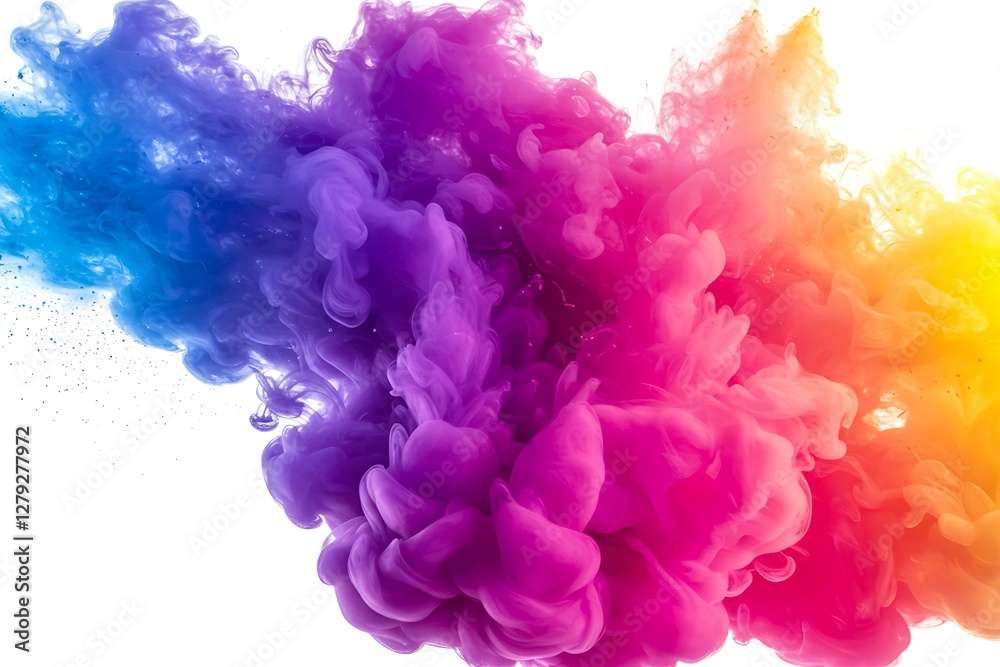 Create an image of a vibrant and colorful cloud of ink or smoke in an abstract form. The colors transition smoothly from blue on the left to purple, pink, and finally yellow on the right. The image sh Create an image of a vibrant and colorful cloud of ink or smoke in an abstract form. The colors transition smoothly from blue on the left to purple, pink, and finally yellow on the right. The image sh