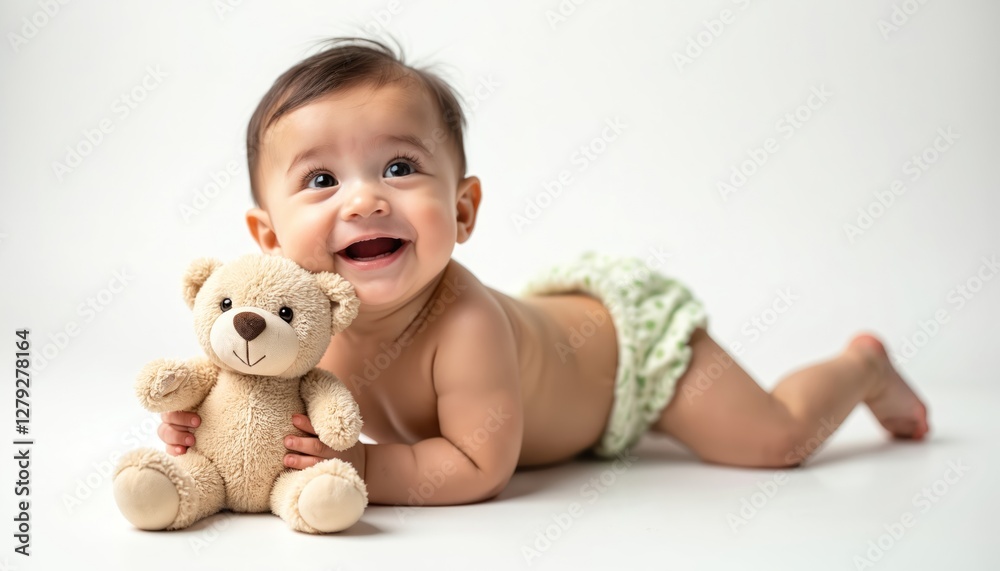 Adorable infant in diaper with teddy bear in studio. Charming baby crawling on tummy, smiling. Childcare, happiness, innocence, warmth, peaceful joyful moments. Perfect for development, growth Adorable infant in diaper with teddy bear in studio. Charming baby crawling on tummy, smiling. Childcare, happiness, innocence, warmth, peaceful joyful moments. Perfect for development, growth