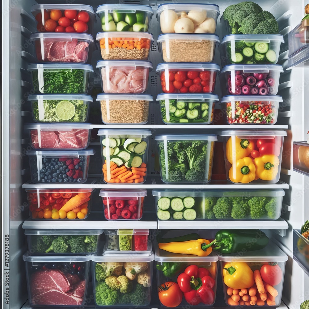 inside of a refrigerator, meticulously organized with various food items stored in clear plastic containers
inside of a refrigerator, meticulously organized with various food items stored in clear plastic containers