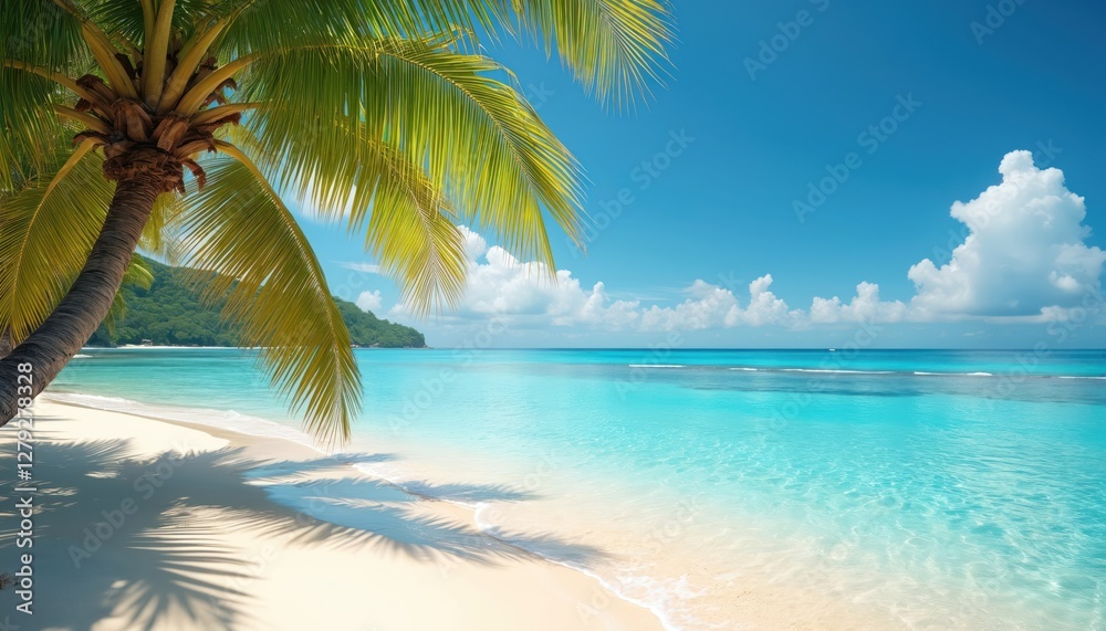 Tropical beach with white sand, azure clear water. Palm tree casts shadow on coast. Sunny day. Blue sky with clouds. Luxurious vacation seaside resort view. Tropical beach with white sand, azure clear water. Palm tree casts shadow on coast. Sunny day. Blue sky with clouds. Luxurious vacation seaside resort view.