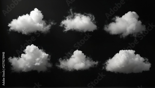 Realistic cloud fog set isolated on black backdrop. Fluffy cloudscape with wispy smoke texture for graphic design, visual effects and weather apps. Perfect for spooky theme. photo