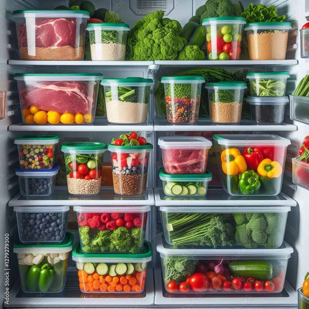 inside of a refrigerator, meticulously organized with various food items stored in clear plastic containers
inside of a refrigerator, meticulously organized with various food items stored in clear plastic containers
