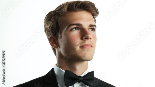 Portrait of a young man in formal wear, against a bright white background, looking up and to the right with a thoughtful expression. photo