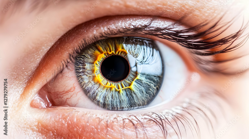 Fototapeta premium Close-up of a human eye, showcasing intricate details of the iris and pupil. The background is blurred, focusing attention on the eye's texture and color. Ideal for medical, ophthalmology, or science