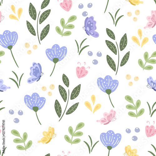 Seamless pattern of butterflies and flowers on a white background.