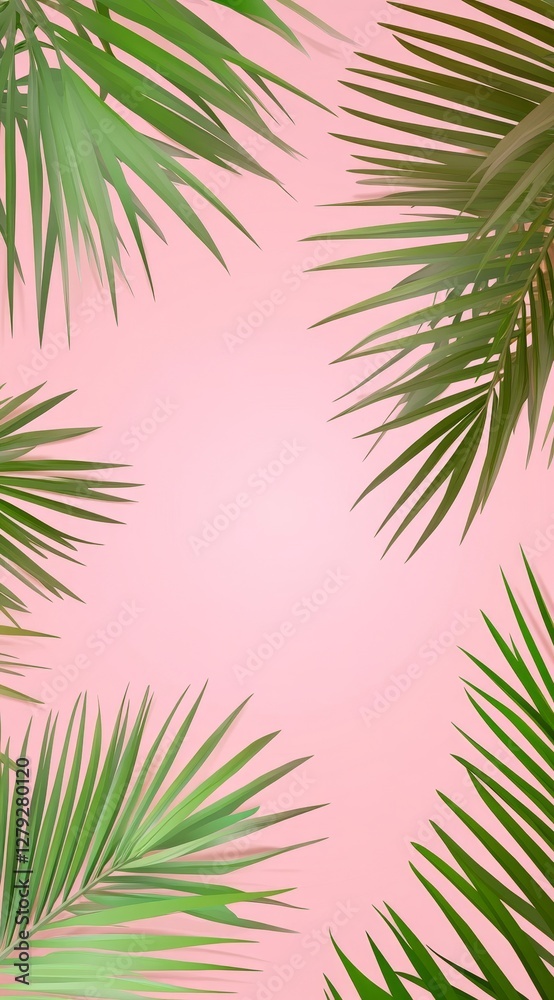Green Tropical Leaves Arranged Artistically on a Soft Pink Background, Creating a Vibrant, Fresh Atmosphere in a Cozy Indoor Setting Green Tropical Leaves Arranged Artistically on a Soft Pink Background, Creating a Vibrant, Fresh Atmosphere in a Cozy Indoor Setting