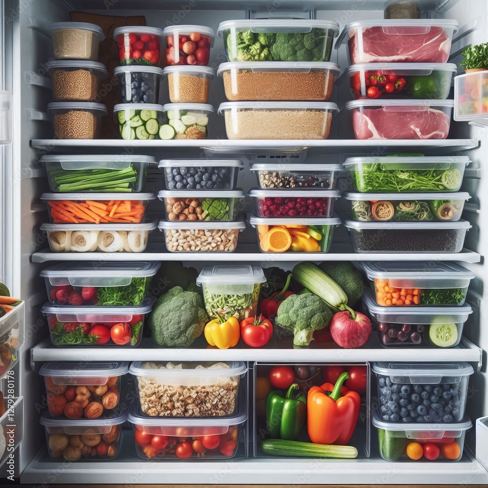 inside of a refrigerator, meticulously organized with various food items stored in clear plastic containers
inside of a refrigerator, meticulously organized with various food items stored in clear plastic containers