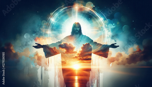 abstract silhouette of Jesus with spread arms in the evening clouds