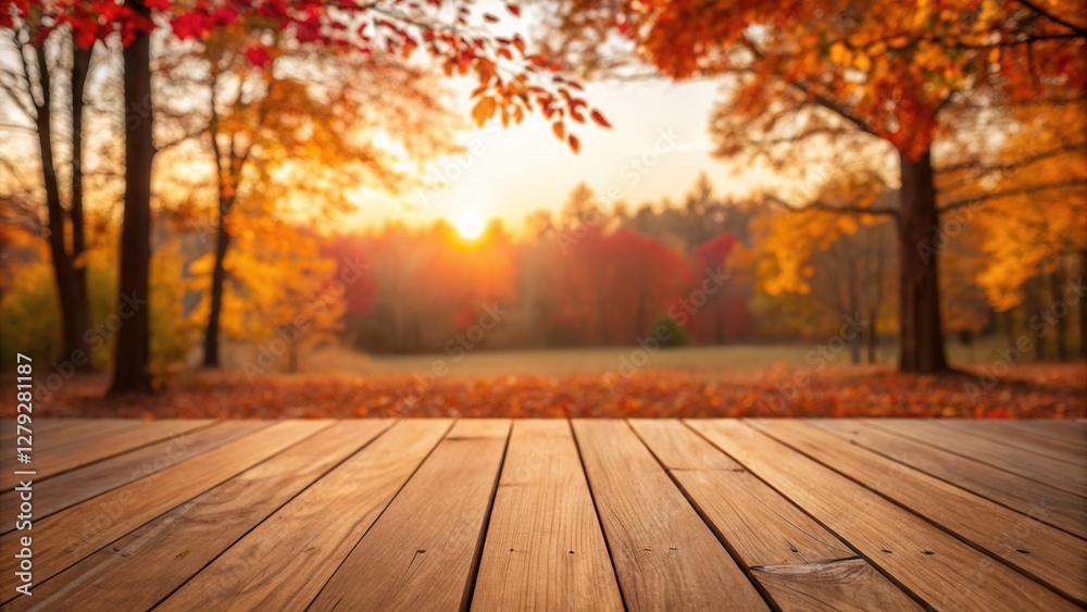 Wooden floor with blur autumn forest background in sunset time