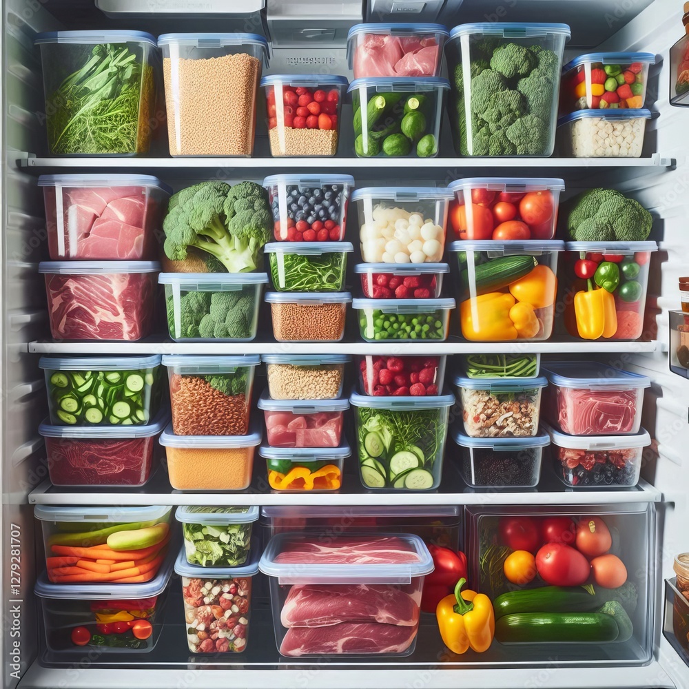 inside of a refrigerator, meticulously organized with various food items stored in clear plastic containers
inside of a refrigerator, meticulously organized with various food items stored in clear plastic containers