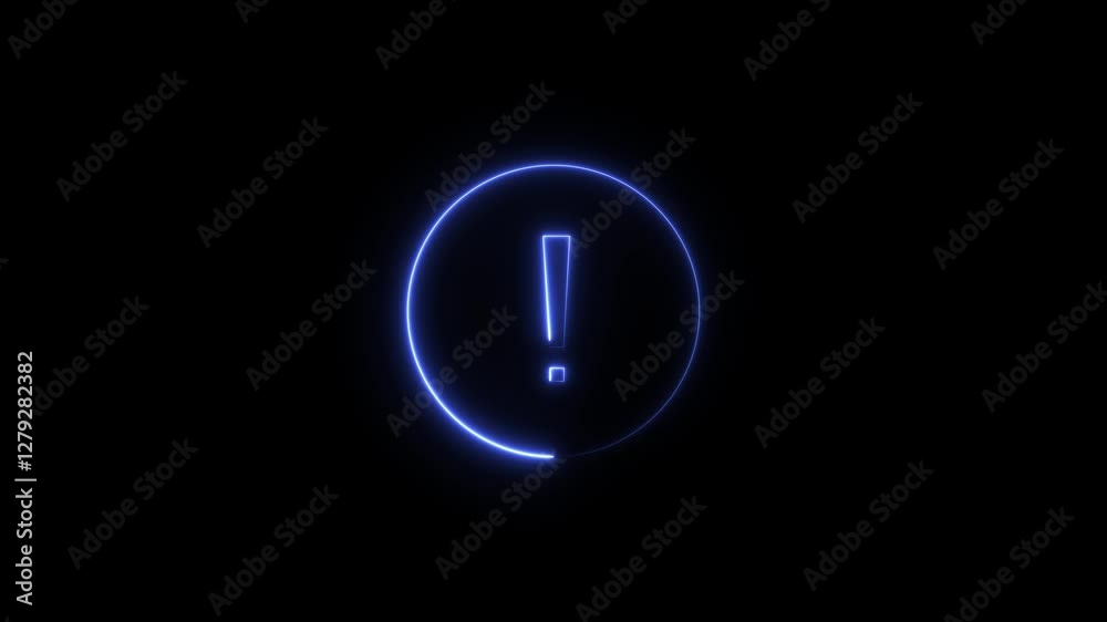 Neon exclamation mark on circle. danger sign glowing animation on black background. Neon exclamation mark on circle. danger sign glowing animation on black background.