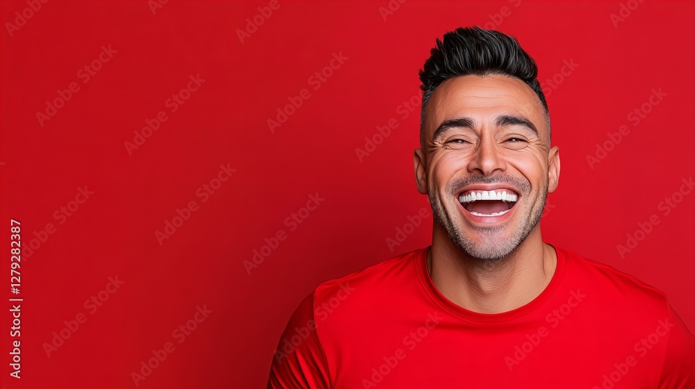 Joyful Hispanic man laughing heartily against a vibrant red backdrop. His radiant smile and bright eyes convey pure happiness. Joyful Hispanic man laughing heartily against a vibrant red backdrop. His radiant smile and bright eyes convey pure happiness.