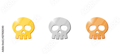 Set of golden, silver and bronze skull coins for game UI, casino or financial themes. Shiny 3D vector illustration of treasure, jackpot and currency symbols for video game, mobile app or arcade.