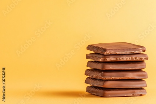 Stacks of delicious chocolate bars against vibrant yellow backdr photo