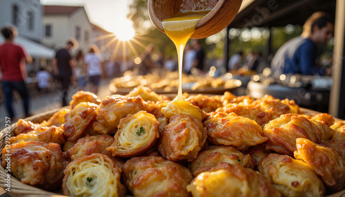 Freshly made loukoumades drizzled with honey at sunset, culinary delight