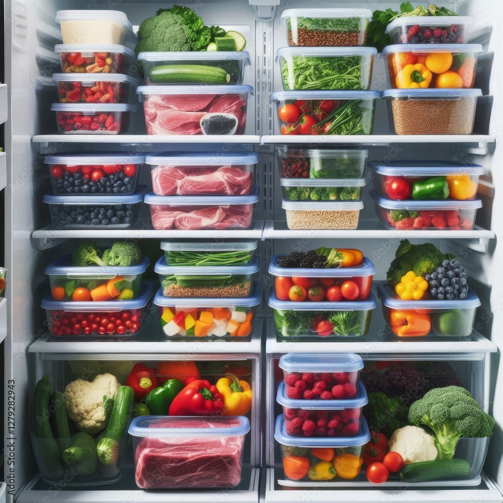 inside of a refrigerator, meticulously organized with various food items stored in clear plastic containers
inside of a refrigerator, meticulously organized with various food items stored in clear plastic containers