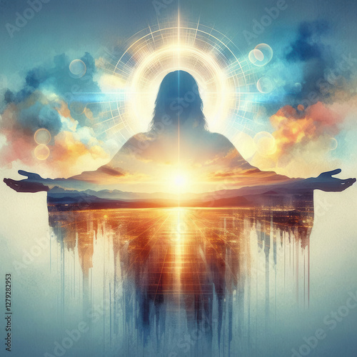 abstract transparent silhouette of Jesus with arms outstretched in the clouds
