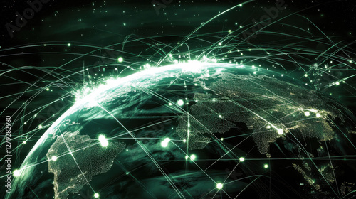 A mesmerizing digital visualization of Earth, showcasing vibrant green lines representing data flow and global connectivity.