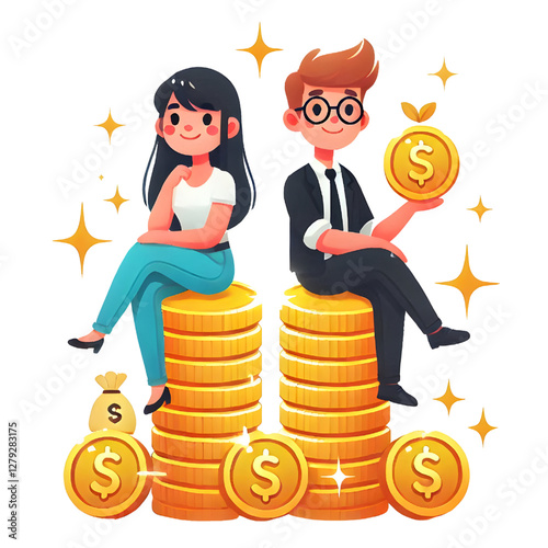 Man and woman sitting on stack of golden money coins with sparkle. Creative financial concept of wealth, rich or savings