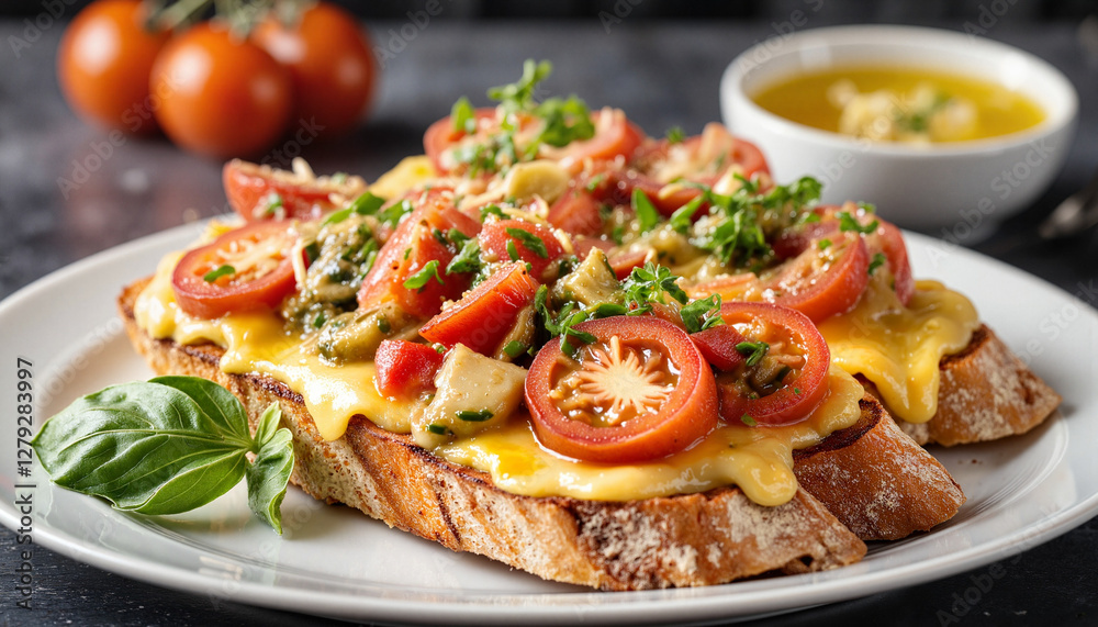 Delicious pan con tomate topped with fresh tomatoes, Mediterranean vibes Delicious pan con tomate topped with fresh tomatoes, Mediterranean vibes
