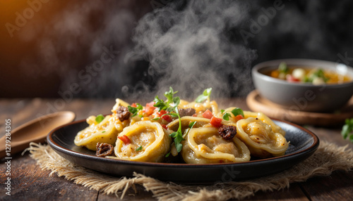 Steaming potato kolduny dumplings on rustic table, comfort food photo