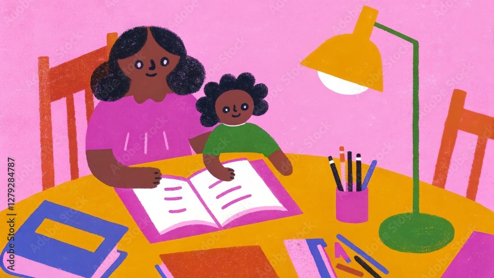 Naklejka premium African female adult and child reading together in colorful illustration scene.