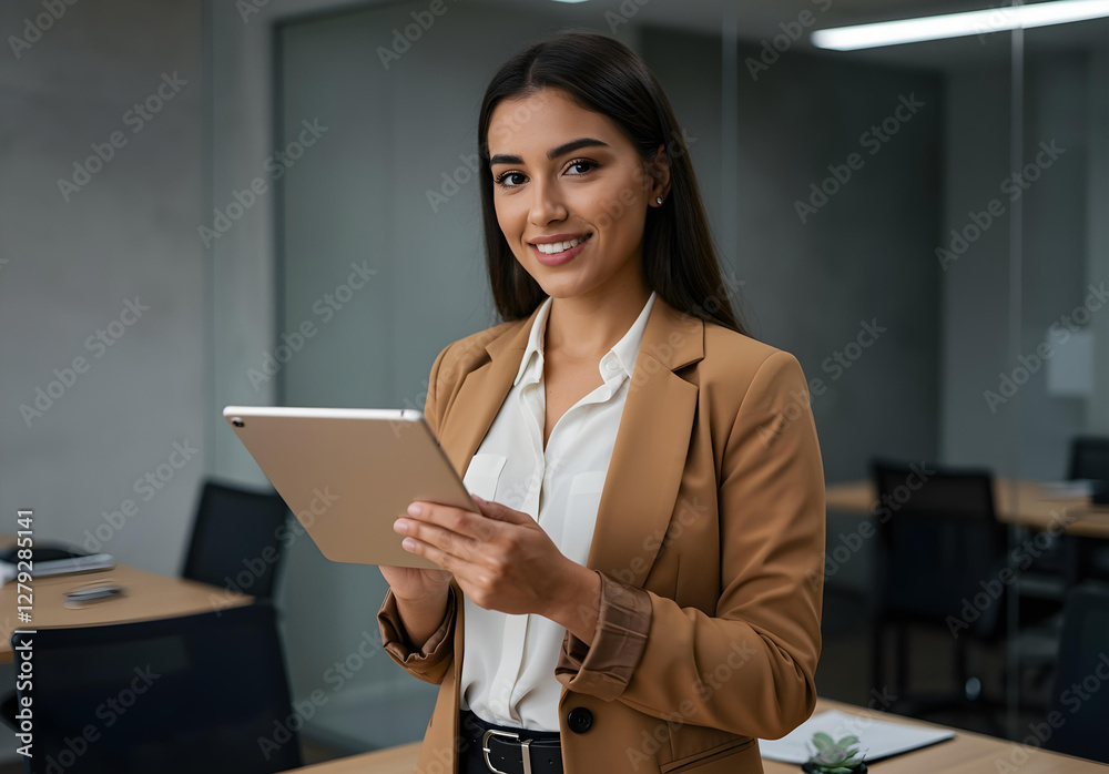Young Hispanic businesswoman standing confidently in a bright modern office. Smiling corporate leader, professional manager, or ambitious entrepreneur looking at the camera while holding a tablet
