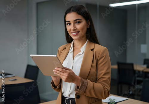 Obraz na płótnie Young Hispanic businesswoman standing confidently in a bright modern office. Smiling corporate leader, professional manager, or ambitious entrepreneur looking at the camera while holding a tablet w salonie