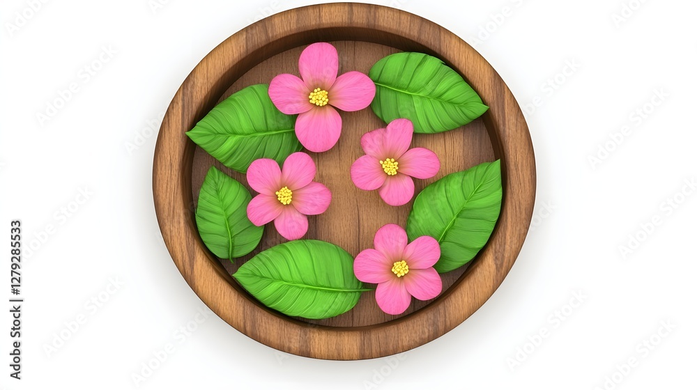 Pink Flowers and Green Leaves in Round Wooden Bowl on White Background Top View Pink Flowers and Green Leaves in Round Wooden Bowl on White Background Top View